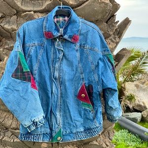Vintage Current Seen denim jacket with patch details, lined with plaid flannel.